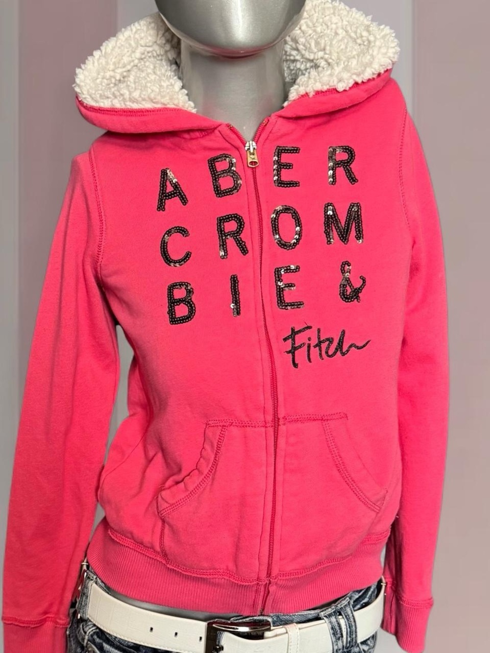 Abercrombie & Fitch Y2K Faux-Fur-Lined Coral Pink Zip Hoodie